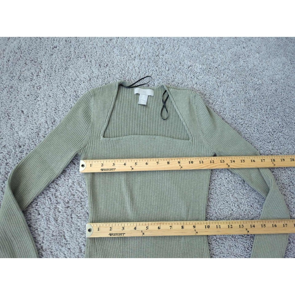 H&M Bodycon Dress Womens S Green Long Sleeve Square Neck Ribbed Knit Midi - Picture 3 of 8